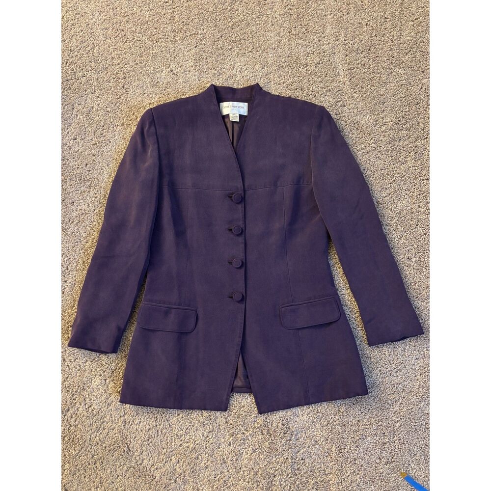 Vintage 100% Silk Suit Jacket Womens 10 Purple Lined Collarless Blazer